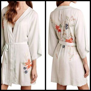 Anthropologie E‎ Green Tea Robe Kimono Floral Embroidered Sz XS S As Seen On TV